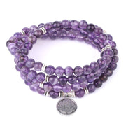 108 Bead Healing Crystal Mala Bracelet – Natural Stone Yoga & Meditation Wrap Bracelet with Tree of Life and Lotus Charms