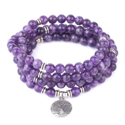108 Bead Healing Crystal Mala Bracelet – Natural Stone Yoga & Meditation Wrap Bracelet with Tree of Life and Lotus Charms